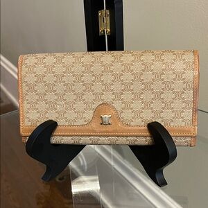 Celine Macadam Tan & Brown Leather Kiss Lock Wallet